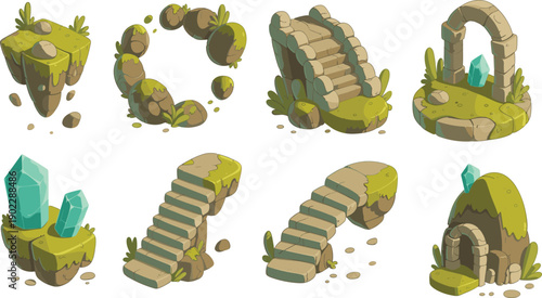 Fantasy structures, floating island, stone ring, broken archway, complete arch, blue crystals, stone staircase, shrine building, mystical environment, game design asset illustration