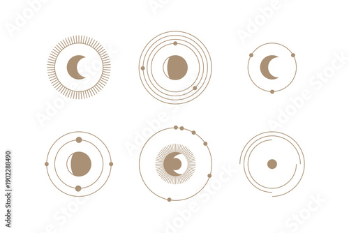 Vector set of mystical esoteric elements: sun, moon, eclipse. Vector element for astrology, alchemy and spiritual designs.