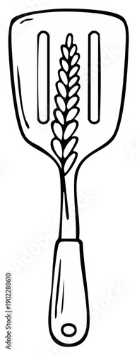 Line art illustration of a kitchen spatula with a wheat stalk design