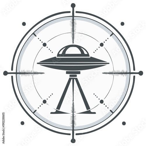 Classic flying saucer with landing gear centered within a stylized compass graphic