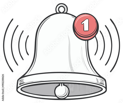 Cartoon illustration of a ringing bell with a notification badge showing the number one