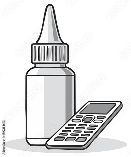 Illustration of eye drop bottle next to a cell phone with button keypad