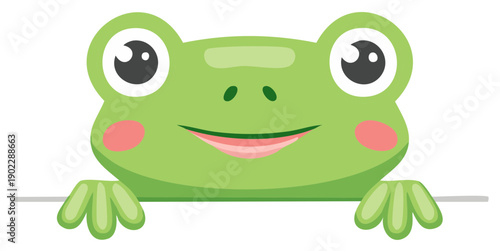 Cute cartoon frog peeking over a ledge with big eyes and a happy smile