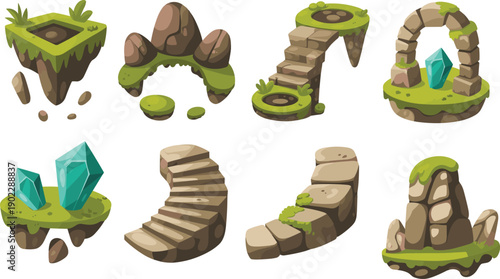 Fantasy terrain elements illustration, floating platforms artwork, stone staircase design, archway crystal formations, whimsical environment concept, digital game assets, stock image
