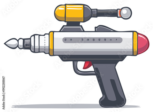 Cartoon Illustration of a Futuristic Ray Gun with Yellow and Red Accents.