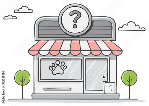 Cartoon Pet Shop Building with Question Mark Sign and Paw Print Icon