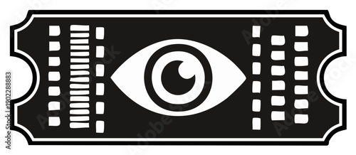 Black Ticket with White Eye Symbol and Film Reel Details Movie Entertainment