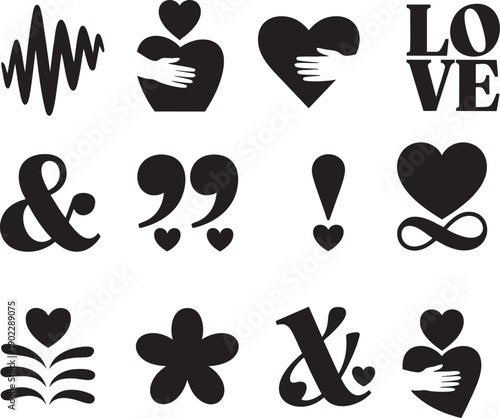 Love and emotion symbols heart shapes ampersand quote marks sound wave embrace flower love text