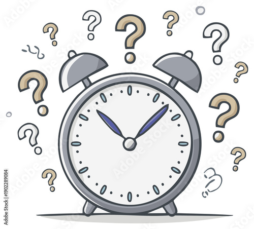 Alarm Clock Surrounded by Question Marks Symbolizing Confusion and Time Constraints