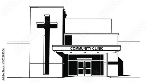 Healthcare Facility with Vertical Cross Emblem Representing Institutional Medical Services and Community Care Vector Illustration
