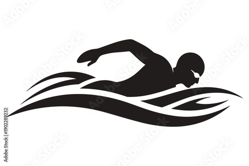 Silhouette of a swimmer in motion, gracefully gliding through stylized waves, embodying strength and athleticism