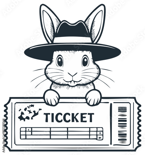 Cute cartoon bunny in a fedora hat holding a vintage ticket stub