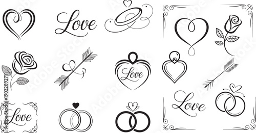 Romantic collection of hand drawn love and heart symbols with flourishes and decorative elements