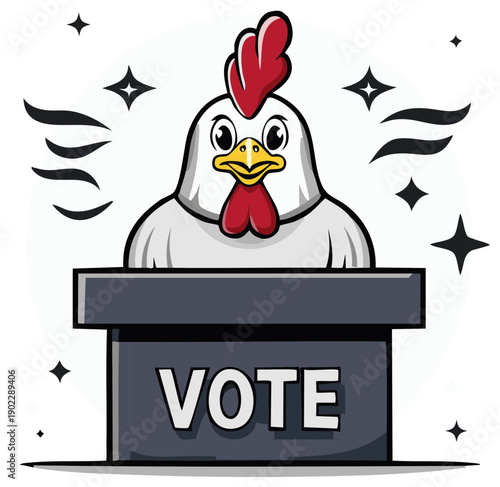Cartoon Chicken Candidate Speaking at a Podium Encouraging Voting