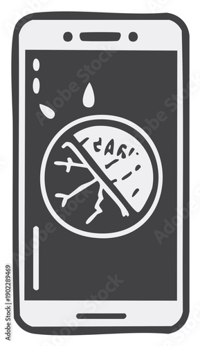 Smartphone screen with water drops and frost symbol indicating no liquid or cold damage warning