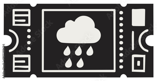 Black ticket stub with rain cloud symbol and raindrops. Event cancellation concept.