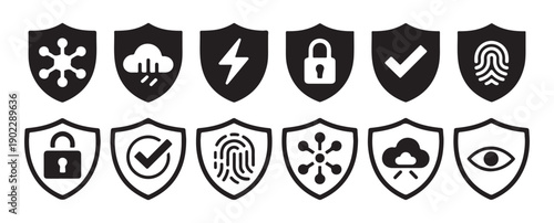 Biometric fingerprint and energy protection shield icons, digital security set. vector illustration eps 10