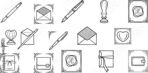 Vintage stationery and letter writing icons set old fashioned pen envelope stamp seal wax writing desk