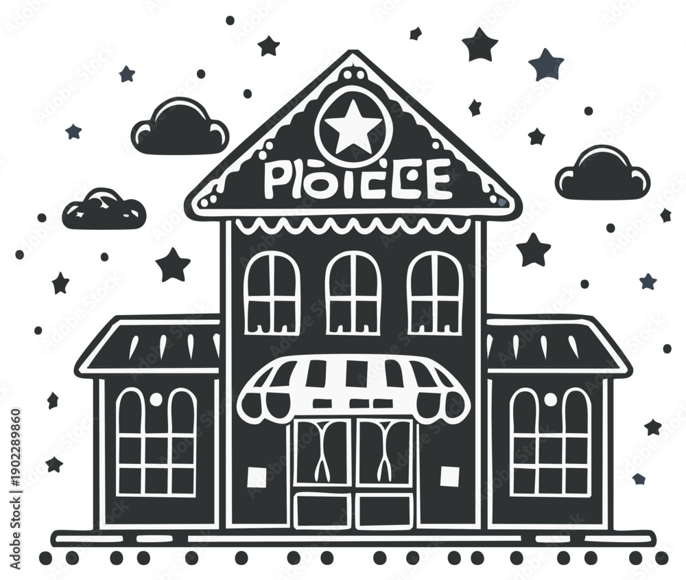 Fototapeta premium Whimsical Police Station Building Illustration with Clouds and Stars