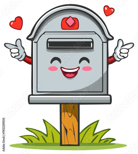 Happy cartoon mailbox with arms and hearts, expressing joy and excitement
