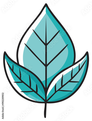 Stylized aqua leaf illustration with simple lines and shading representing nature and freshness