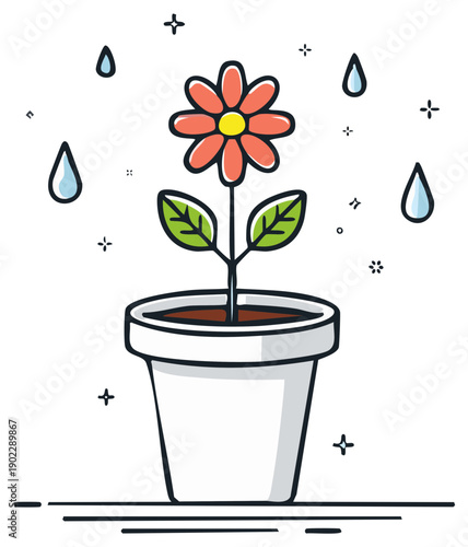 Cartoon flower growing in a pot with raindrops and sparkles