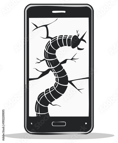 Smartphone with a cracked screen displaying a segmented worm or caterpillar