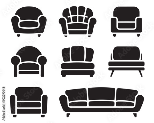 Assortment of eight upholstered living room furniture icons representing various styles of armchairs and a modern sofa in black