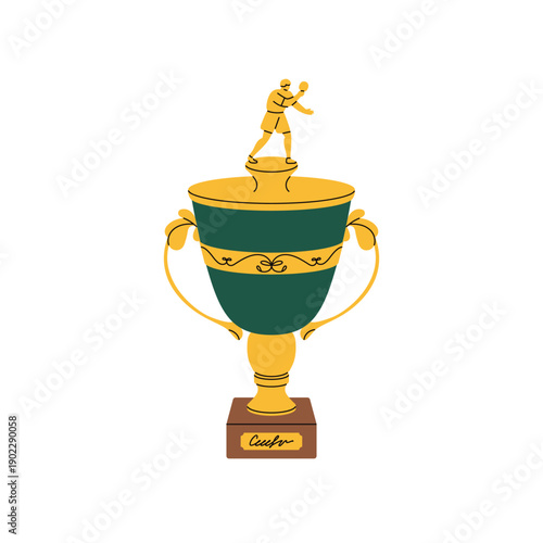 Golden trophy cup, victory award for sport success, ping pong. Table tennis achievement, reward. Champion prize for first place, triumph symbol. Flat vector illustration isolated on white background.