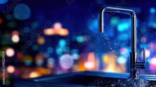 Sleek chrome kitchen faucet with water droplets, set against a blurred neon-lit urban nightscape of city glow