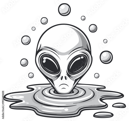 Mysterious Grey Alien Emerges from Cosmic Liquid with Floating Bubbles