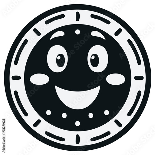 Happy cartoon clock face with smiling expression and wide eyes