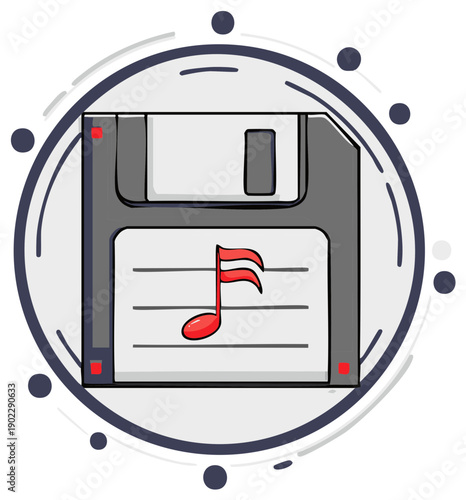 Retro floppy disk with musical note symbol represents digital music storage and vintage technology