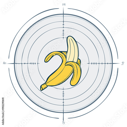Single peeled banana centered in a stylized crosshairs target graphic with directional indicators