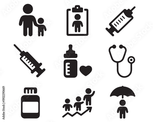 Set of black and white pediatric and infant healthcare icons representing wellness vaccination and child development concepts in a grid