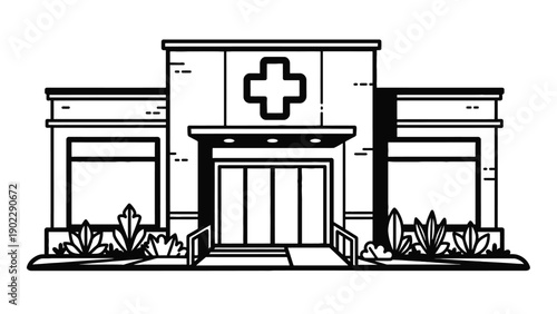 Modern Medical Center Building Exterior Representing Healthcare Facility Architecture and Community Access Vector Illustration