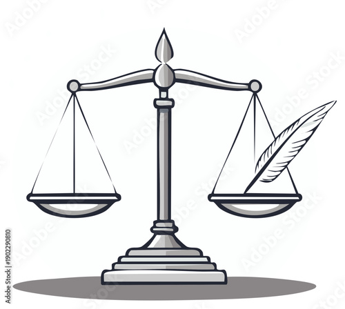 Scales of justice with a feather pen, representing law, legal concept and fairness.