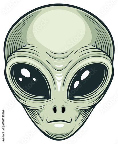 Eerie green alien head with large dark eyes and subtle smile conveys mystery and extraterrestrial presence