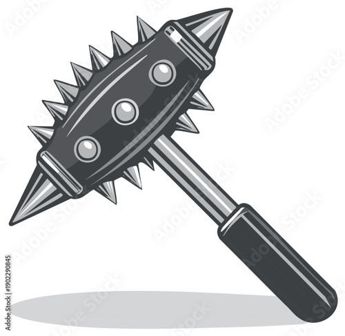 Black spiked mace illustration with metal handle, weapon isolated on white, vintage design