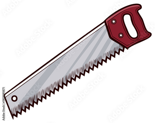Classic Hand Saw Tool for Woodworking and Construction with a Red Handle