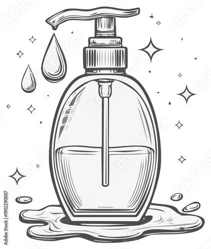 Hand Sanitizer Bottle Dispenser with Droplets and Sparkles Cleanliness Concept