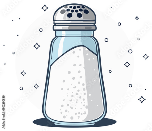 Glass salt shaker filled with white granules and a metal cap with holes
