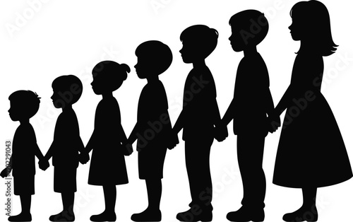 Silhouette of children growing together holding hands, showing childhood development stages, growth progression, unity, education concept, family bond, and life journey on white background
