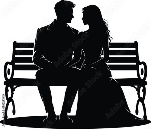 Romantic silhouette of young couple sitting closely on park bench, elegant love scene, wedding illustration, Valentine concept, minimal black and white vector art