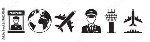 Set of airline travel icons including passport control globe airplane pilot control tower and aircraft taking off