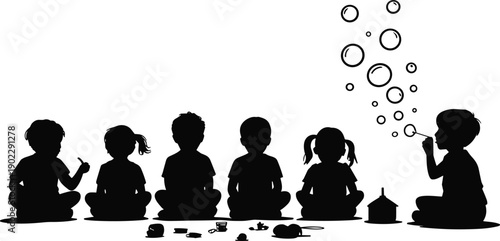 Silhouette of children sitting together while one child blows soap bubbles, playful childhood concept, kids imagination, friendship, creativity, learning, fun activity isolated on white background