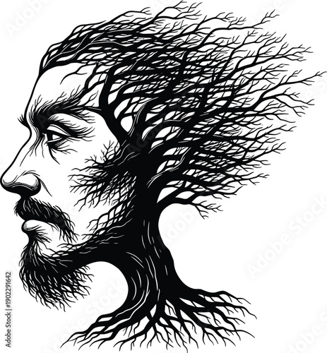 Artistic black and white surreal illustration of a man's face merging with a tree, symbolizing mental growth, nature, and psychology.