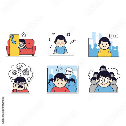Collection of illustrations depicting various emotions and social situations faced by individuals