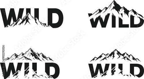 Minimalist Mountain Adventure Typography Set with Bold WILD Text for Logo Design, T-Shirt Graphics, and Outdoor Apparel Branding