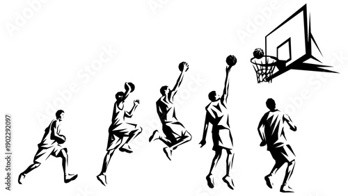 Geometric polygonal silhouette sequence of a basketball player performing a layup. Abstract vector illustration.
